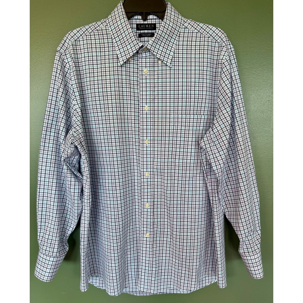 Lauren Ralph Lauren Mens Plaid Dress Shirt 16.5 32/33 Regular Fit Stretch Blue L